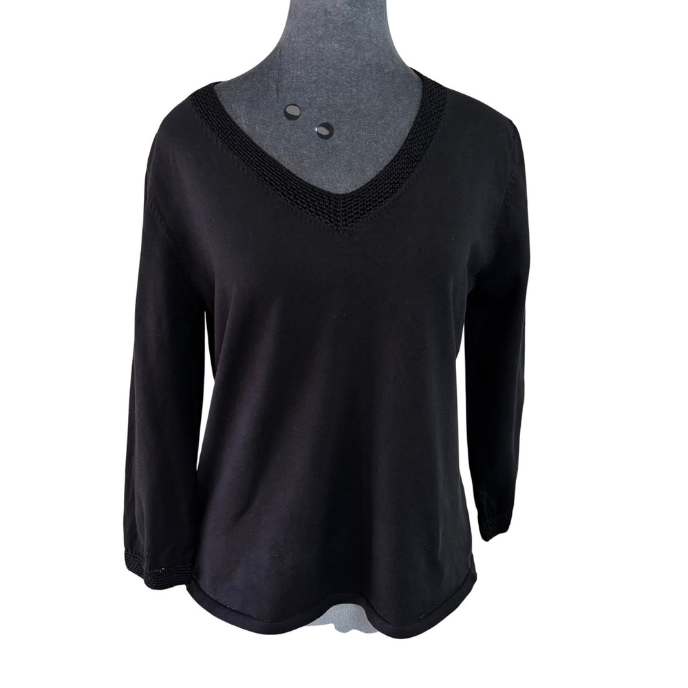 Pointelle Minimalist Capsule Silk Blend V-Neck Sweater Black Textured Trim L